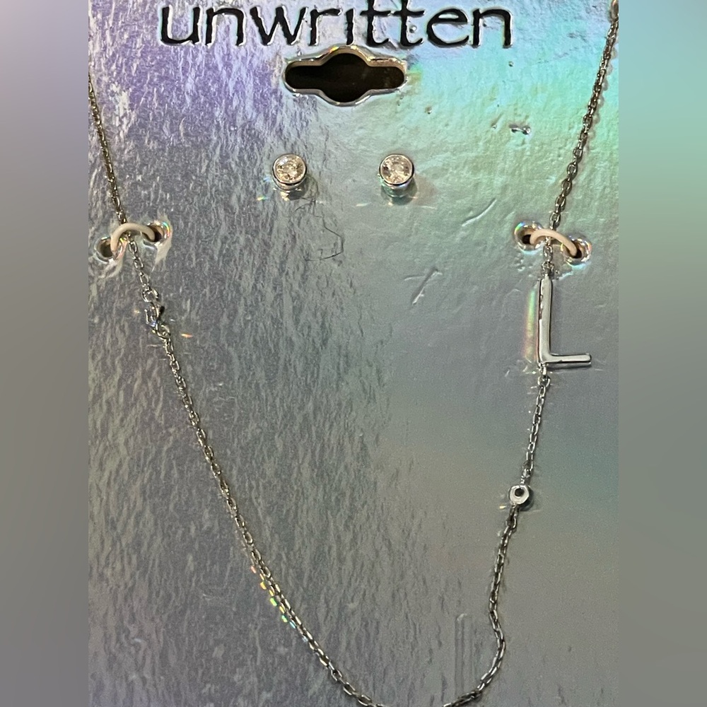 NWT Unwritten fine silver initial " L " necklace / earrings set 16 + 2 inches